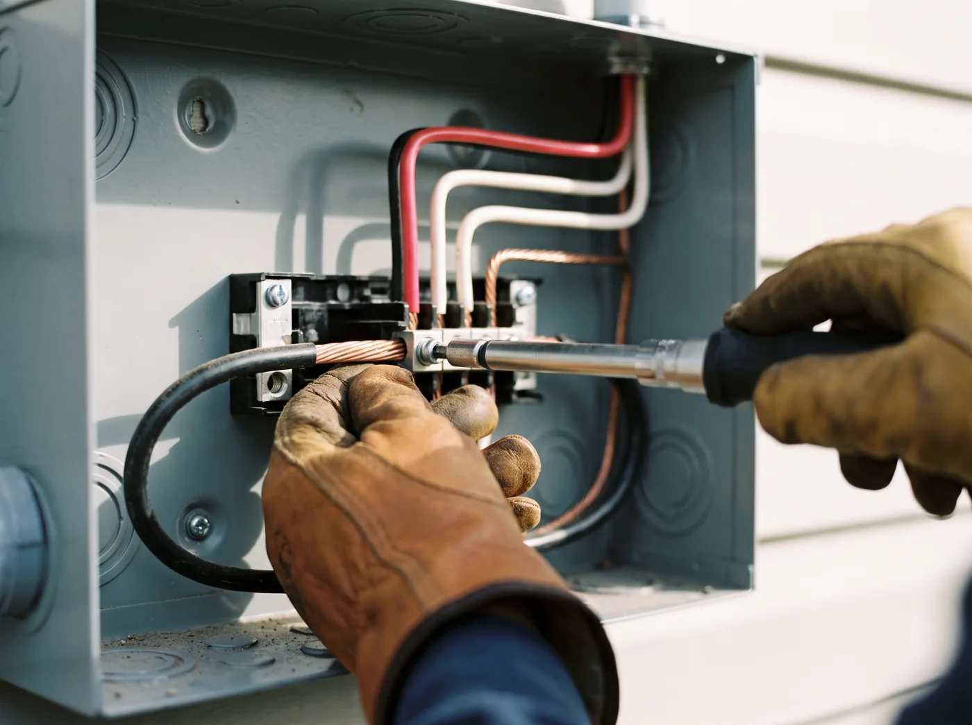 Copper conductors being terminated inside a new residential electrical service panel